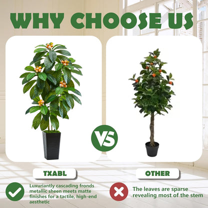 Artificial Fruit Tree 5FT, Fake Loquat Tree Indoor with White Tall Planter, Realistic Faux Japanese Medlar Tree with Lifelike Fruit for Living Room Office Entryway Decor