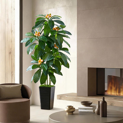 Artificial Fruit Tree 5FT, Fake Loquat Tree Indoor with White Tall Planter, Realistic Faux Japanese Medlar Tree with Lifelike Fruit for Living Room Office Entryway Decor