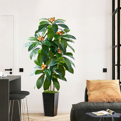 Artificial Fruit Tree 5FT, Fake Loquat Tree Indoor with White Tall Planter, Realistic Faux Japanese Medlar Tree with Lifelike Fruit for Living Room Office Entryway Decor