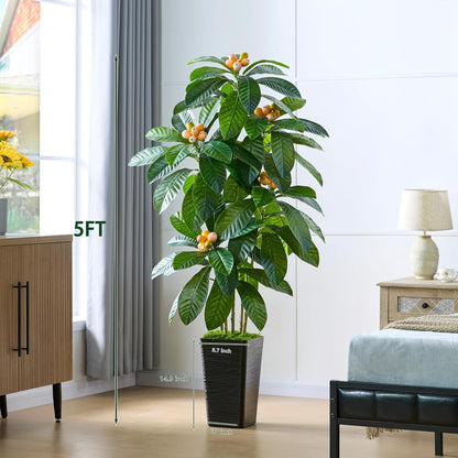Artificial Fruit Tree 5FT, Fake Loquat Tree Indoor with White Tall Planter, Realistic Faux Japanese Medlar Tree with Lifelike Fruit for Living Room Office Entryway Decor