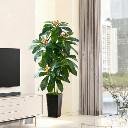 Artificial Fruit Tree 5FT, Fake Loquat Tree Indoor with White Tall Planter, Realistic Faux Japanese Medlar Tree with Lifelike Fruit for Living Room Office Entryway Decor