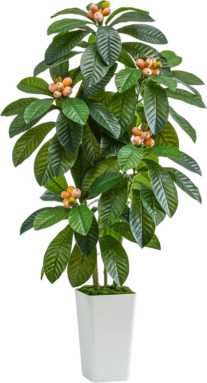 Artificial Fruit Tree 5FT, Fake Loquat Tree Indoor with White Tall Planter, Realistic Faux Japanese Medlar Tree with Lifelike Fruit for Living Room Office Entryway Decor