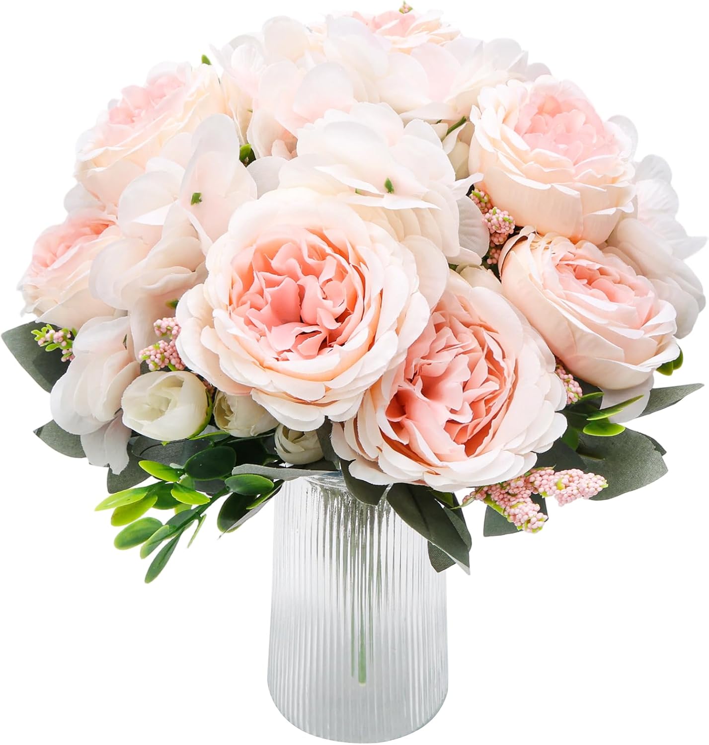 Peonies Artificial Flowers, 2 Packs Simulated Silk Peonies Flowers Fake, Mixed Pink Peonies Flowers Bouquet for Centerpiece Table Wedding Party Home Decoration, Champagne White