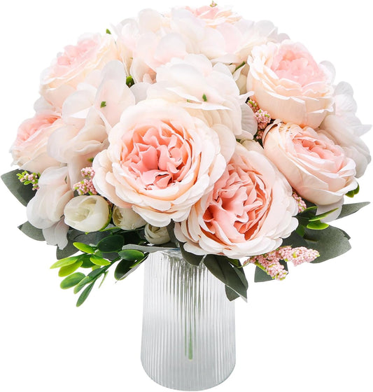 Peonies Artificial Flowers, 2 Packs Simulated Silk Peonies Flowers Fake, Mixed Pink Peonies Flowers Bouquet for Centerpiece Table Wedding Party Home Decoration, Champagne White