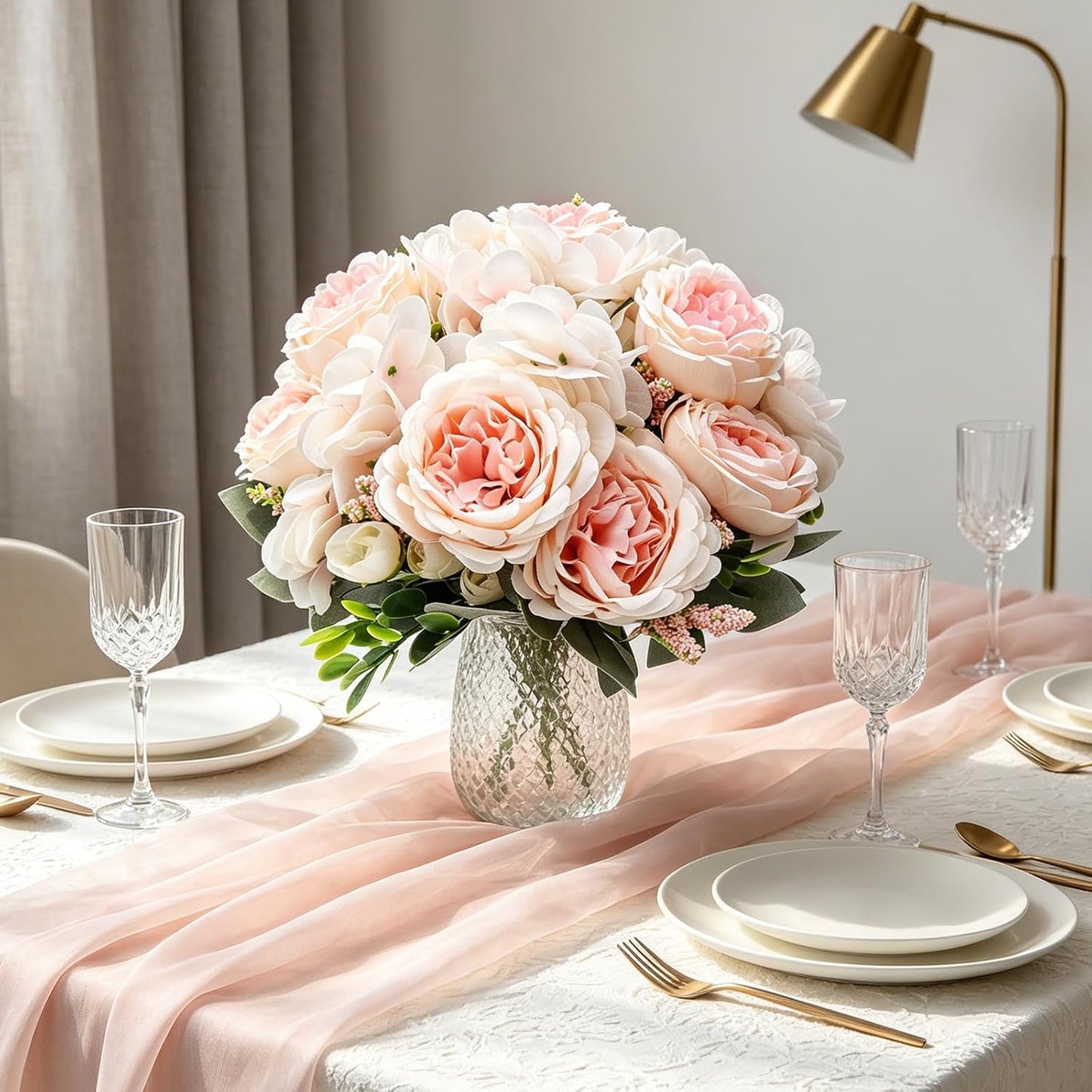 Peonies Artificial Flowers, 2 Packs Simulated Silk Peonies Flowers Fake, Mixed Pink Peonies Flowers Bouquet for Centerpiece Table Wedding Party Home Decoration, Champagne White
