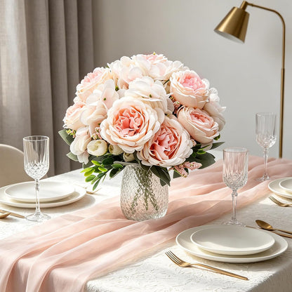 Peonies Artificial Flowers, 2 Packs Simulated Silk Peonies Flowers Fake, Mixed Pink Peonies Flowers Bouquet for Centerpiece Table Wedding Party Home Decoration, Champagne White
