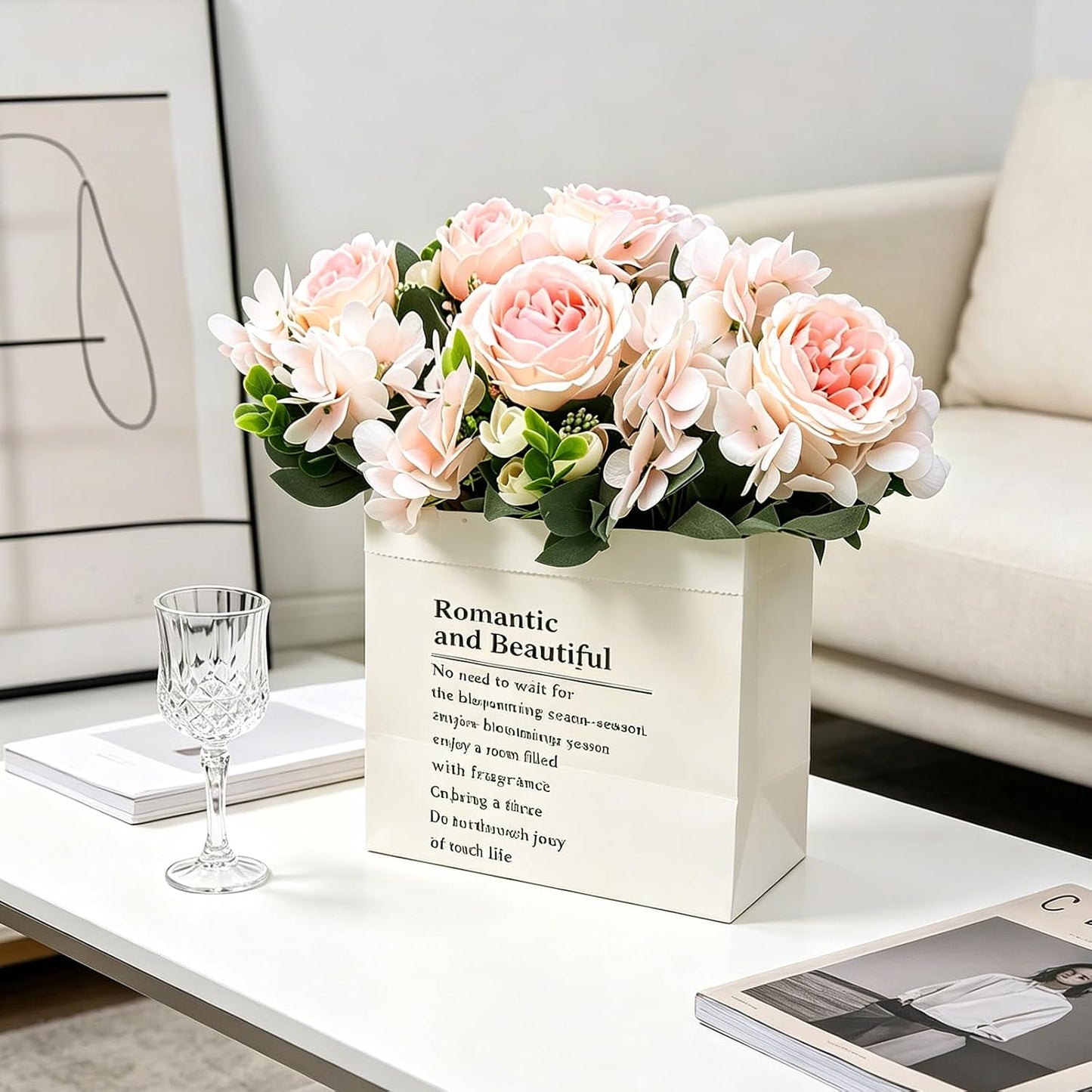 Peonies Artificial Flowers, 2 Packs Simulated Silk Peonies Flowers Fake, Mixed Pink Peonies Flowers Bouquet for Centerpiece Table Wedding Party Home Decoration, Champagne White