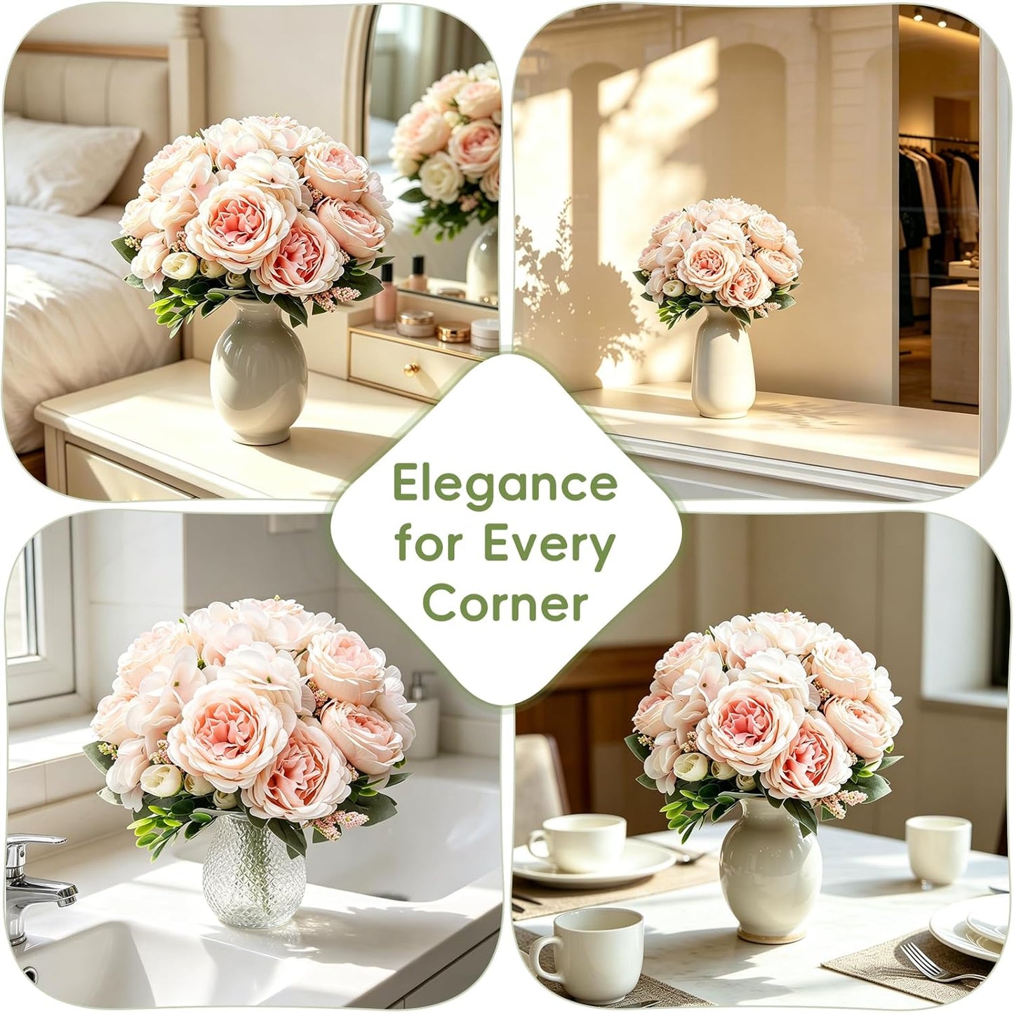 Peonies Artificial Flowers, 2 Packs Simulated Silk Peonies Flowers Fake, Mixed Pink Peonies Flowers Bouquet for Centerpiece Table Wedding Party Home Decoration, Champagne White