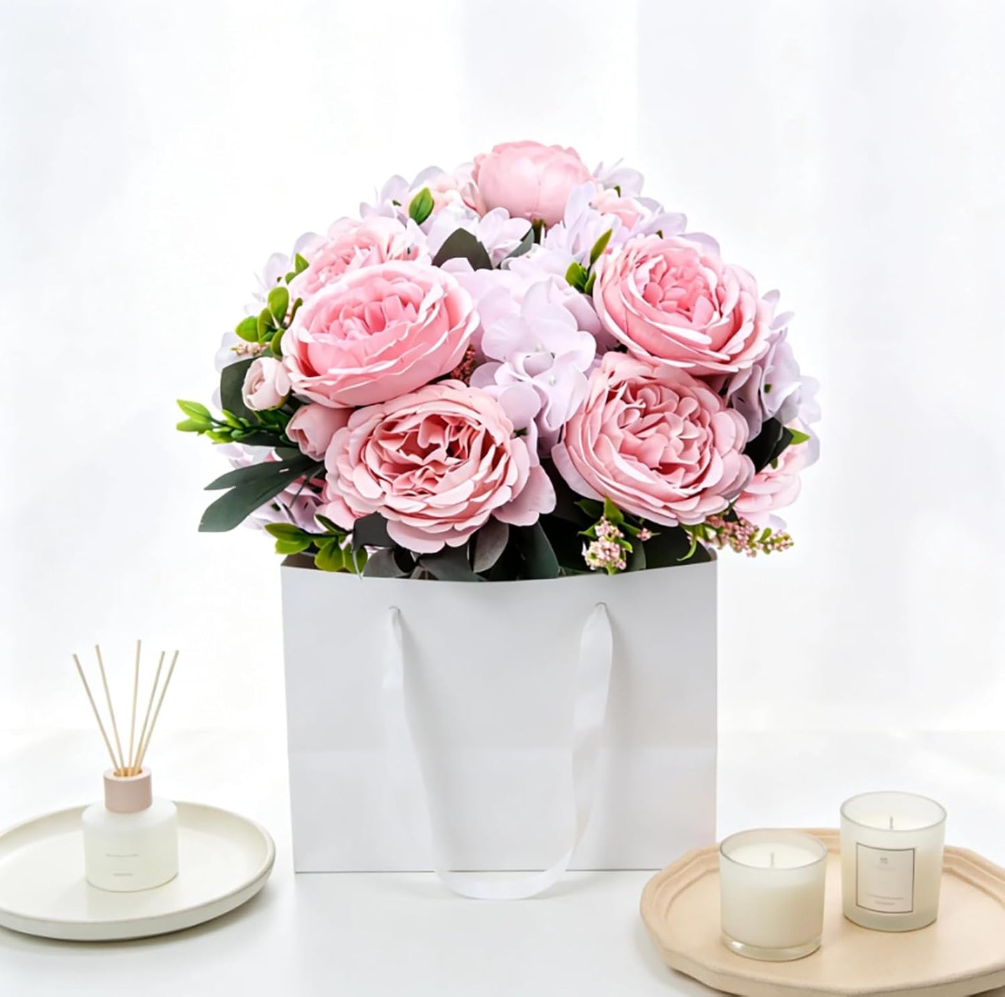 Peonies Artificial Flowers, 2 Packs Simulated Silk Peonies Flowers Fake, Mixed Pink Peonies Flowers Bouquet for Centerpiece Table Wedding Party Home Decoration, Champagne White