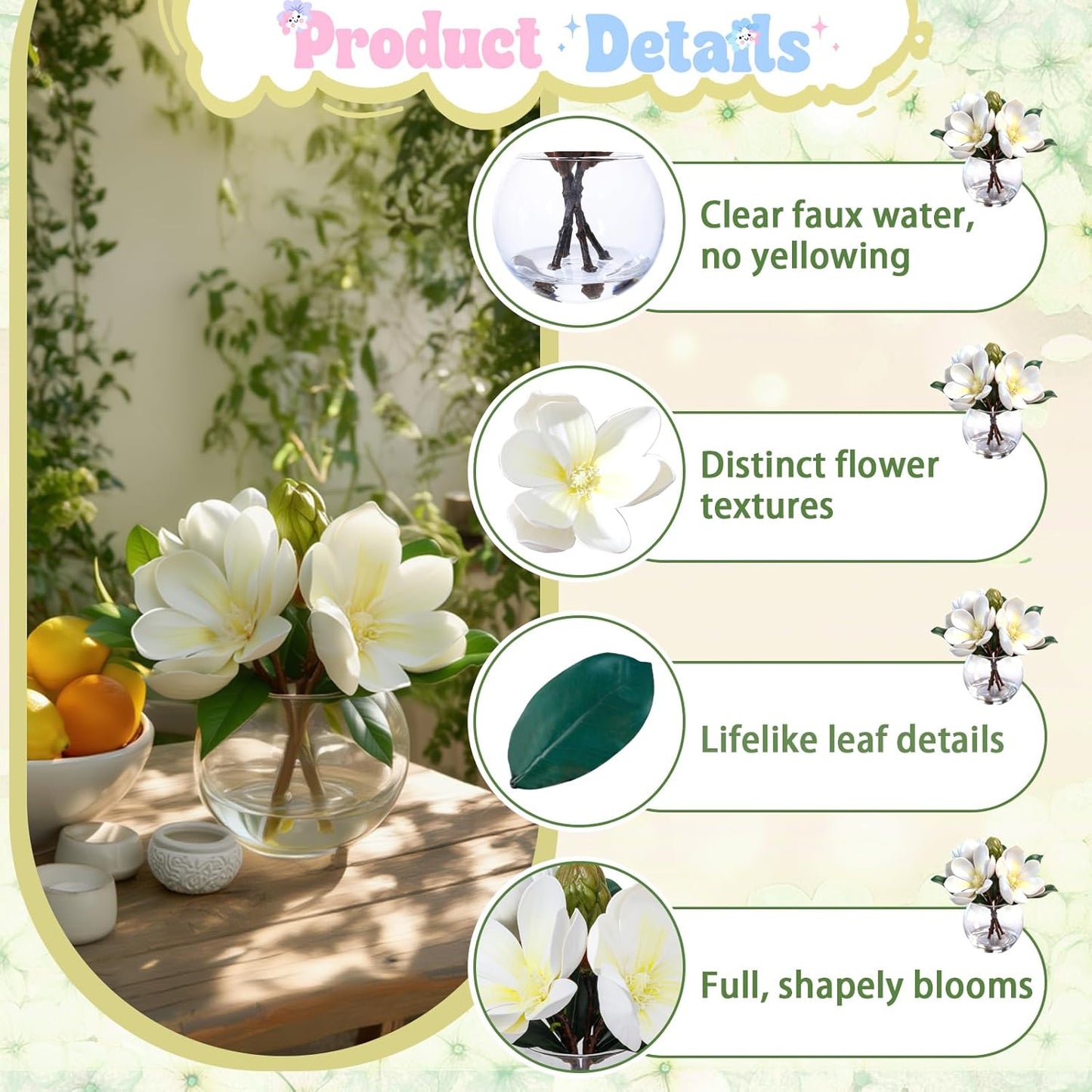 White Magnolia Artificial Flowers with Vase Fake Magnolia Flowers Indoor Real Touch Flowers with Faux Water for Home Decor Centerpieces for Tables