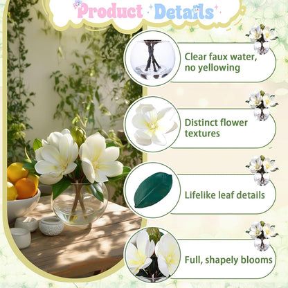 White Magnolia Artificial Flowers with Vase Fake Magnolia Flowers Indoor Real Touch Flowers with Faux Water for Home Decor Centerpieces for Tables