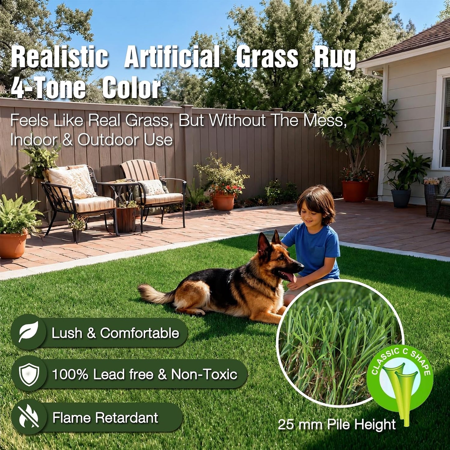 Realistic Artificial Grass Outdoor Rug 3FTX5FT Dog Turf Mat | Pet Friendly Fake Grass Pad, 25mm Drainable Thick Soft Synthetic Turf for Patio Balcony Camping Office Floor, Heat Resistant