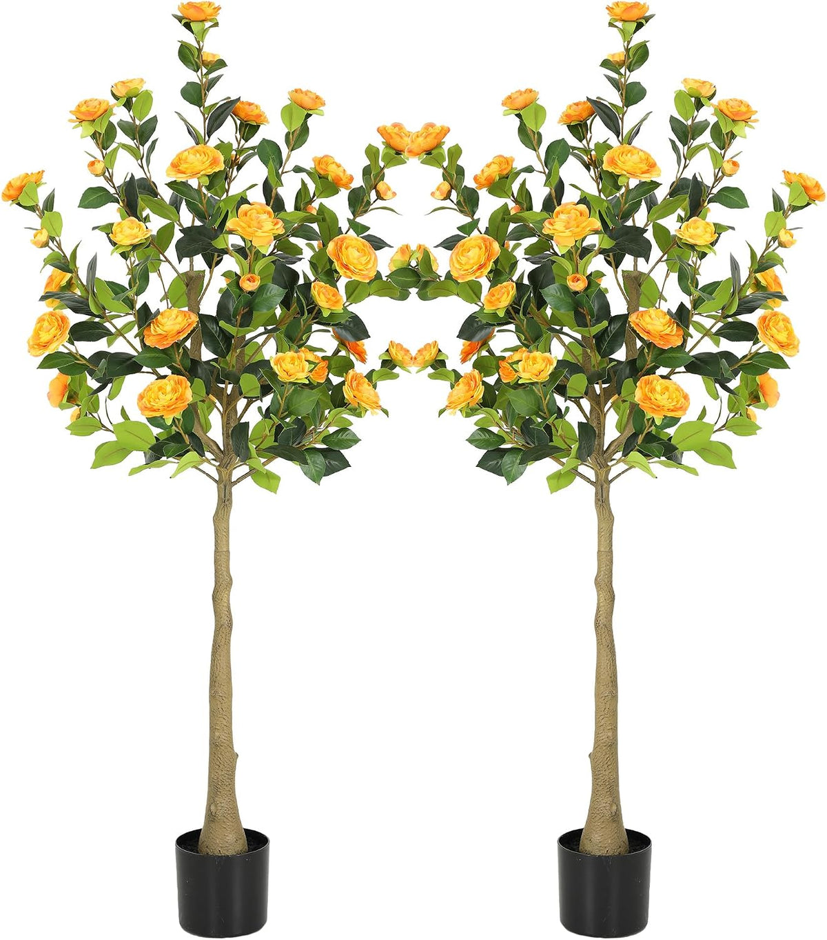 5ft Artificial Camellia Tree with Silk Orange Flowers, 60in Faux Camellia Plant with Lifelike Trunk, Fake Flower Tree Potted Front Door Plants for Porch Patio Deck Living Room Decor, 2Pack