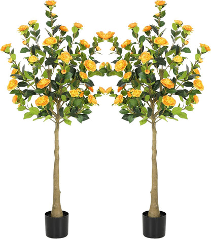 5ft Artificial Camellia Tree with Silk Orange Flowers, 60in Faux Camellia Plant with Lifelike Trunk, Fake Flower Tree Potted Front Door Plants for Porch Patio Deck Living Room Decor, 2Pack