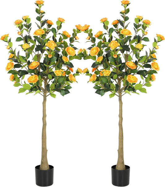 5ft Artificial Camellia Tree with Silk Orange Flowers, 60in Faux Camellia Plant with Lifelike Trunk, Fake Flower Tree Potted Front Door Plants for Porch Patio Deck Living Room Decor, 2Pack