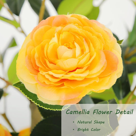 5ft Artificial Camellia Tree with Silk Orange Flowers, 60in Faux Camellia Plant with Lifelike Trunk, Fake Flower Tree Potted Front Door Plants for Porch Patio Deck Living Room Decor, 2Pack