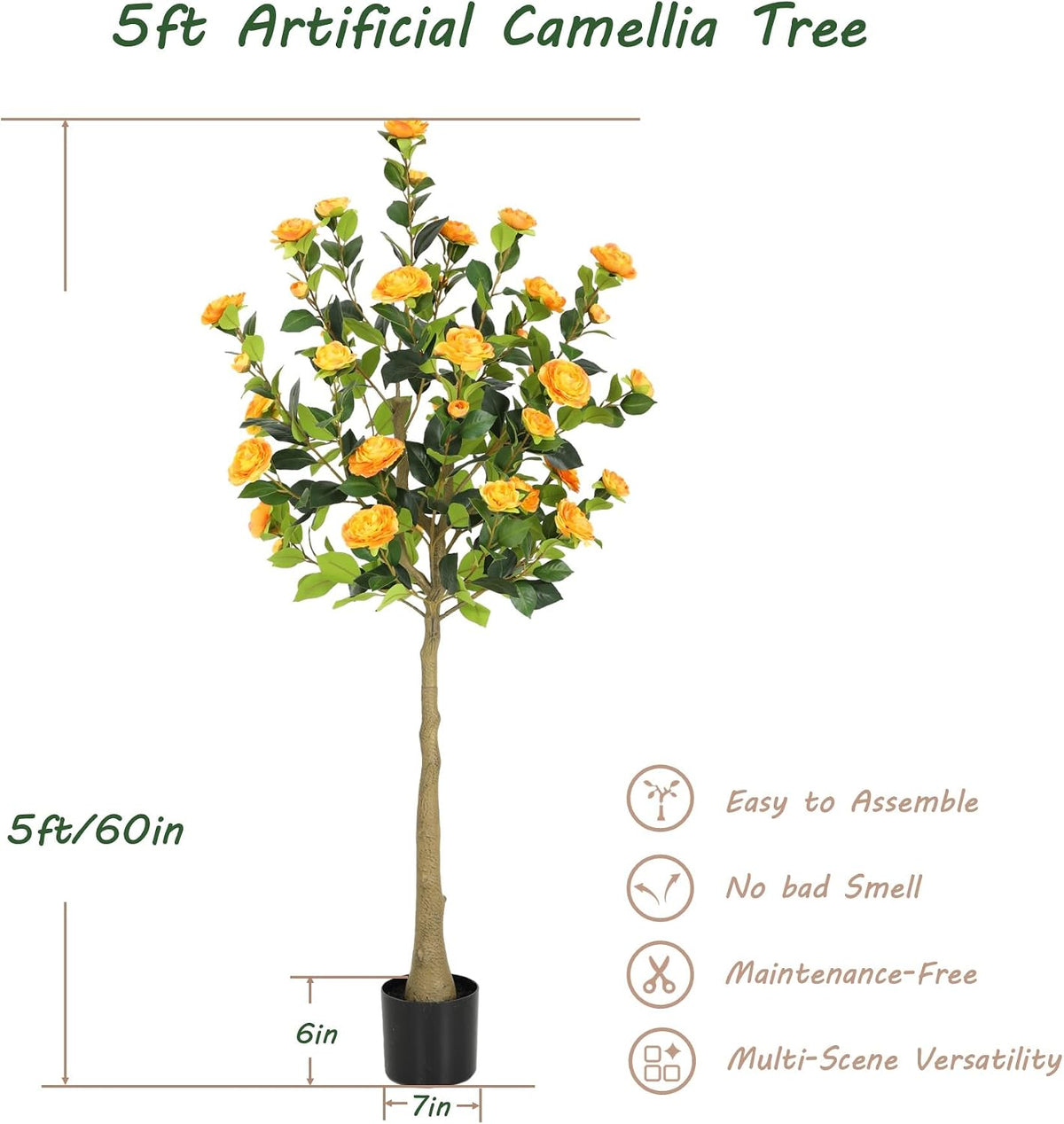 5ft Artificial Camellia Tree with Silk Orange Flowers, 60in Faux Camellia Plant with Lifelike Trunk, Fake Flower Tree Potted Front Door Plants for Porch Patio Deck Living Room Decor, 2Pack