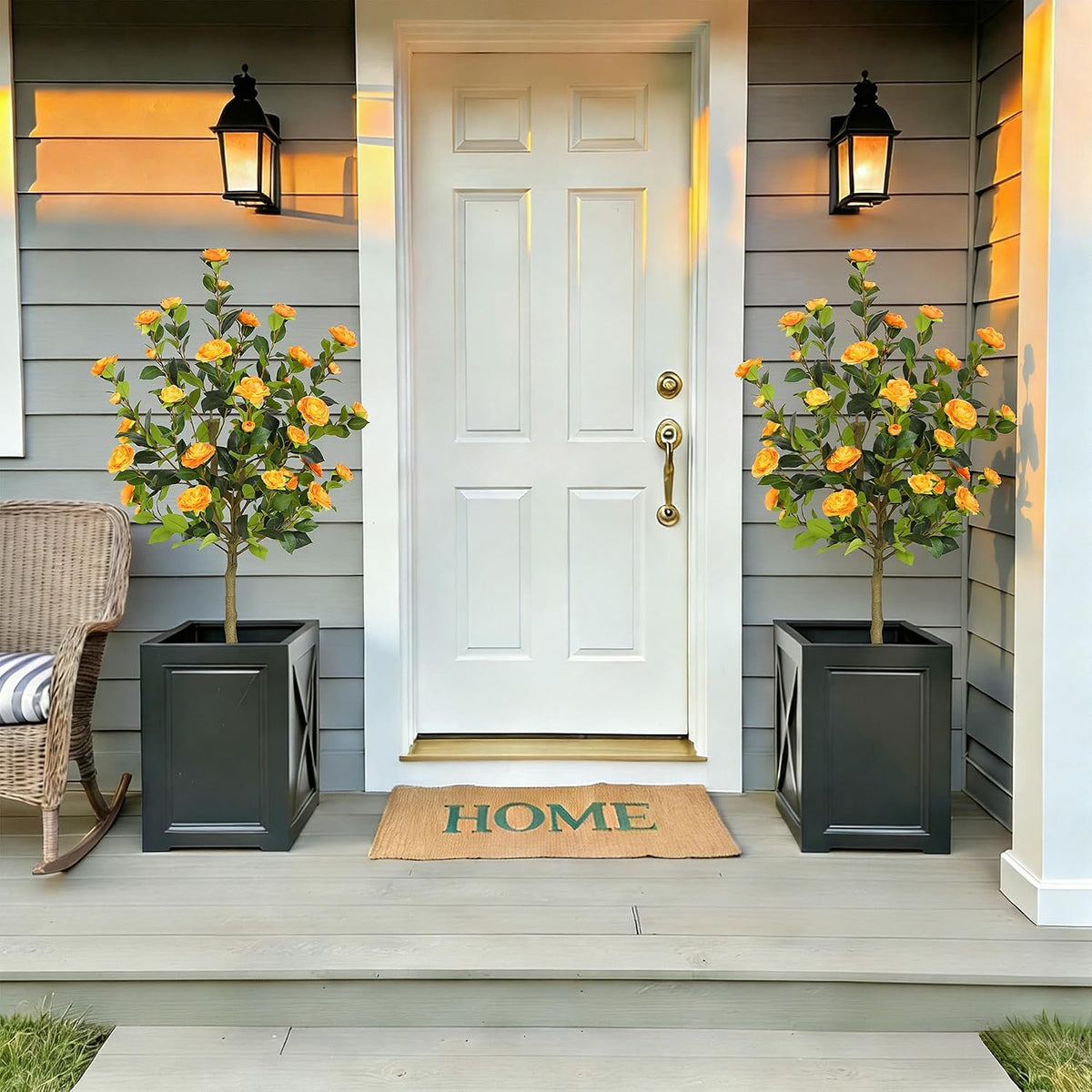5ft Artificial Camellia Tree with Silk Orange Flowers, 60in Faux Camellia Plant with Lifelike Trunk, Fake Flower Tree Potted Front Door Plants for Porch Patio Deck Living Room Decor, 2Pack