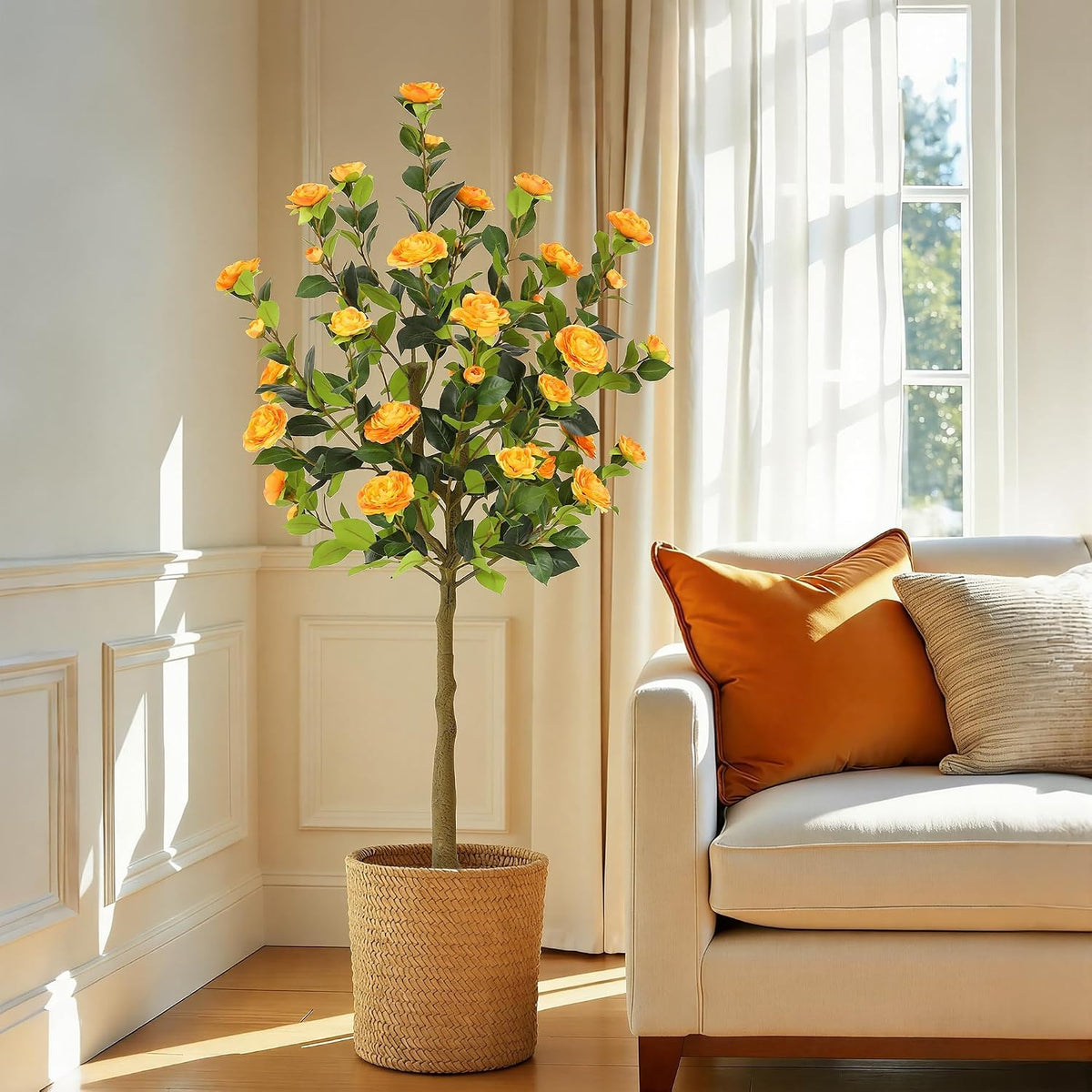 5ft Artificial Camellia Tree with Silk Orange Flowers, 60in Faux Camellia Plant with Lifelike Trunk, Fake Flower Tree Potted Front Door Plants for Porch Patio Deck Living Room Decor, 2Pack