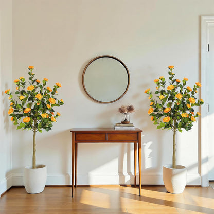 5ft Artificial Camellia Tree with Silk Orange Flowers, 60in Faux Camellia Plant with Lifelike Trunk, Fake Flower Tree Potted Front Door Plants for Porch Patio Deck Living Room Decor, 2Pack