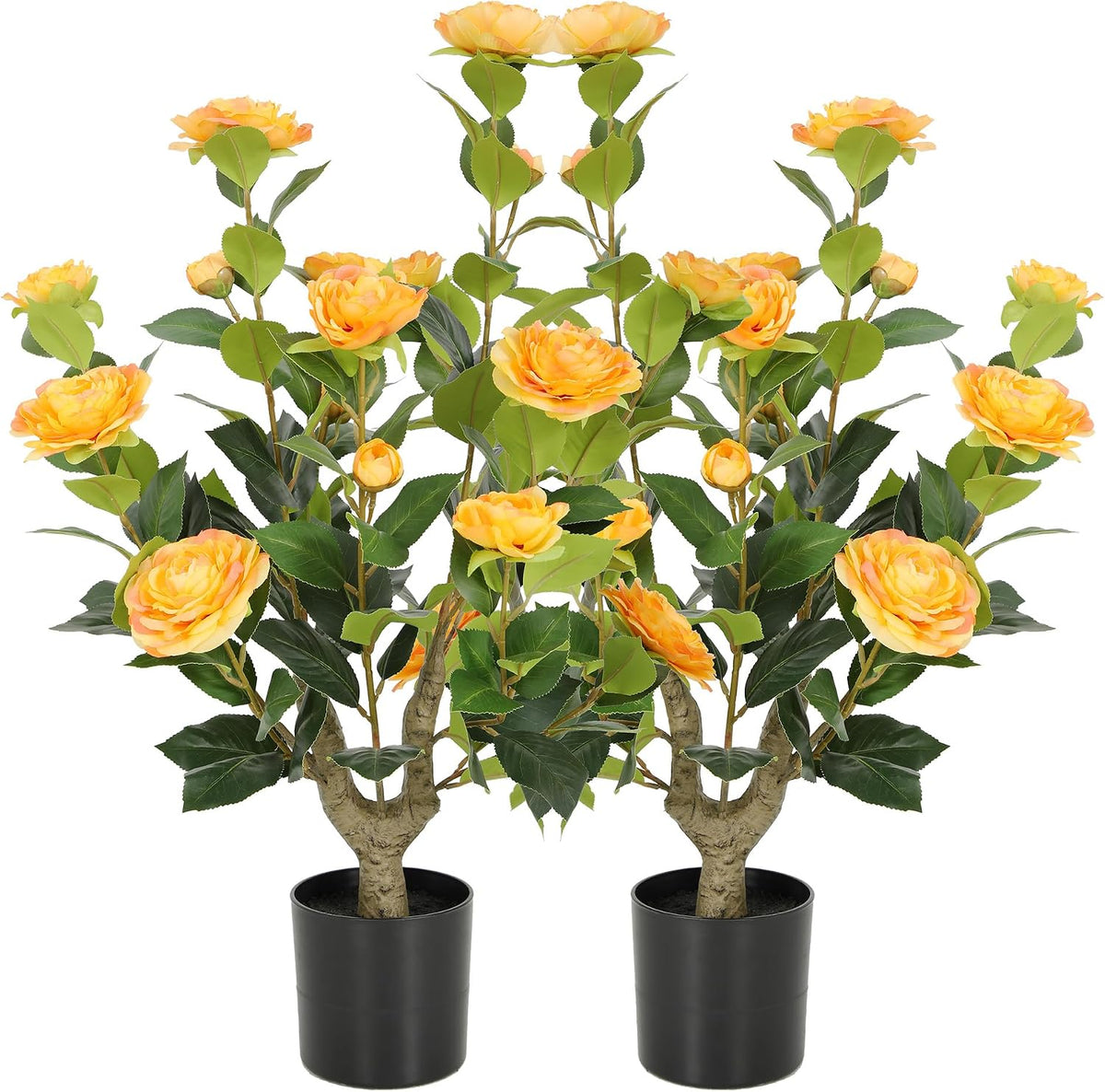5ft Artificial Camellia Tree with Silk Orange Flowers, 60in Faux Camellia Plant with Lifelike Trunk, Fake Flower Tree Potted Front Door Plants for Porch Patio Deck Living Room Decor, 2Pack