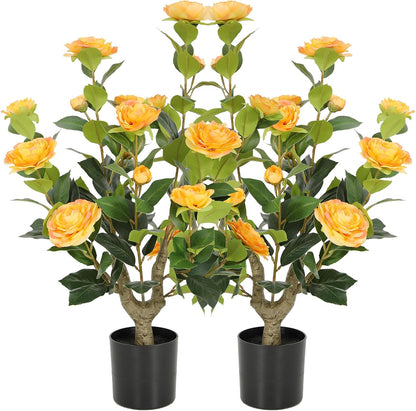 5ft Artificial Camellia Tree with Silk Orange Flowers, 60in Faux Camellia Plant with Lifelike Trunk, Fake Flower Tree Potted Front Door Plants for Porch Patio Deck Living Room Decor, 2Pack