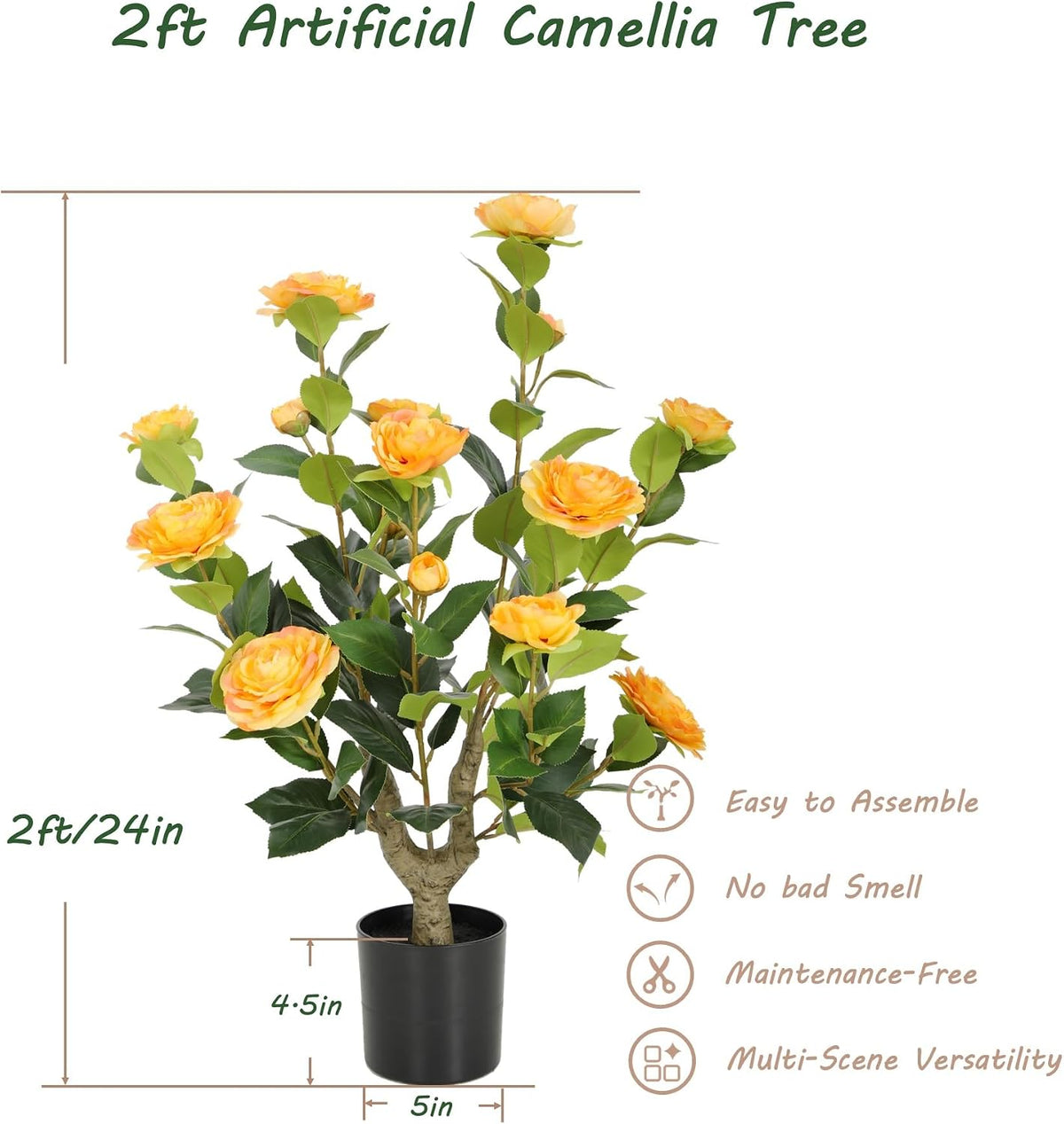 5ft Artificial Camellia Tree with Silk Orange Flowers, 60in Faux Camellia Plant with Lifelike Trunk, Fake Flower Tree Potted Front Door Plants for Porch Patio Deck Living Room Decor, 2Pack