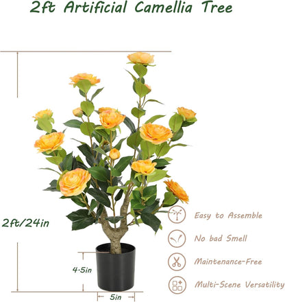 5ft Artificial Camellia Tree with Silk Orange Flowers, 60in Faux Camellia Plant with Lifelike Trunk, Fake Flower Tree Potted Front Door Plants for Porch Patio Deck Living Room Decor, 2Pack