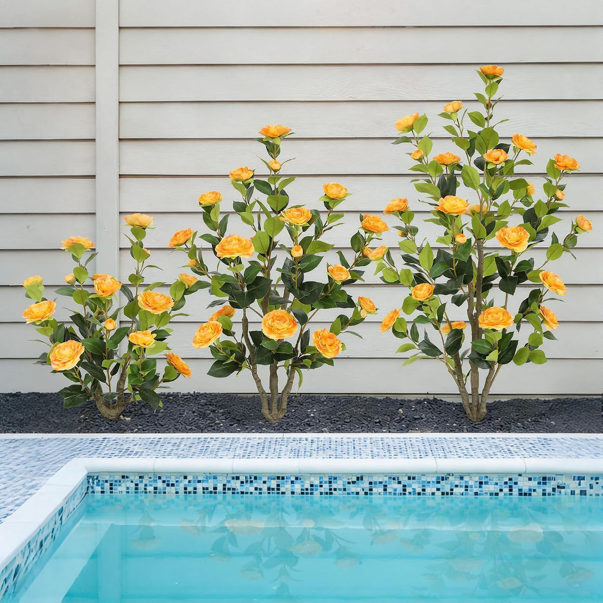 5ft Artificial Camellia Tree with Silk Orange Flowers, 60in Faux Camellia Plant with Lifelike Trunk, Fake Flower Tree Potted Front Door Plants for Porch Patio Deck Living Room Decor, 2Pack