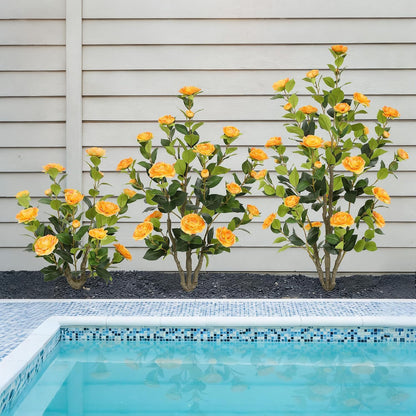 5ft Artificial Camellia Tree with Silk Orange Flowers, 60in Faux Camellia Plant with Lifelike Trunk, Fake Flower Tree Potted Front Door Plants for Porch Patio Deck Living Room Decor, 2Pack