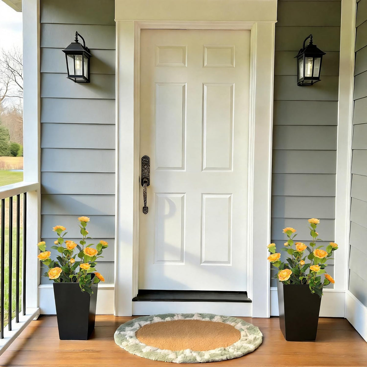 5ft Artificial Camellia Tree with Silk Orange Flowers, 60in Faux Camellia Plant with Lifelike Trunk, Fake Flower Tree Potted Front Door Plants for Porch Patio Deck Living Room Decor, 2Pack
