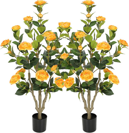 5ft Artificial Camellia Tree with Silk Orange Flowers, 60in Faux Camellia Plant with Lifelike Trunk, Fake Flower Tree Potted Front Door Plants for Porch Patio Deck Living Room Decor, 2Pack