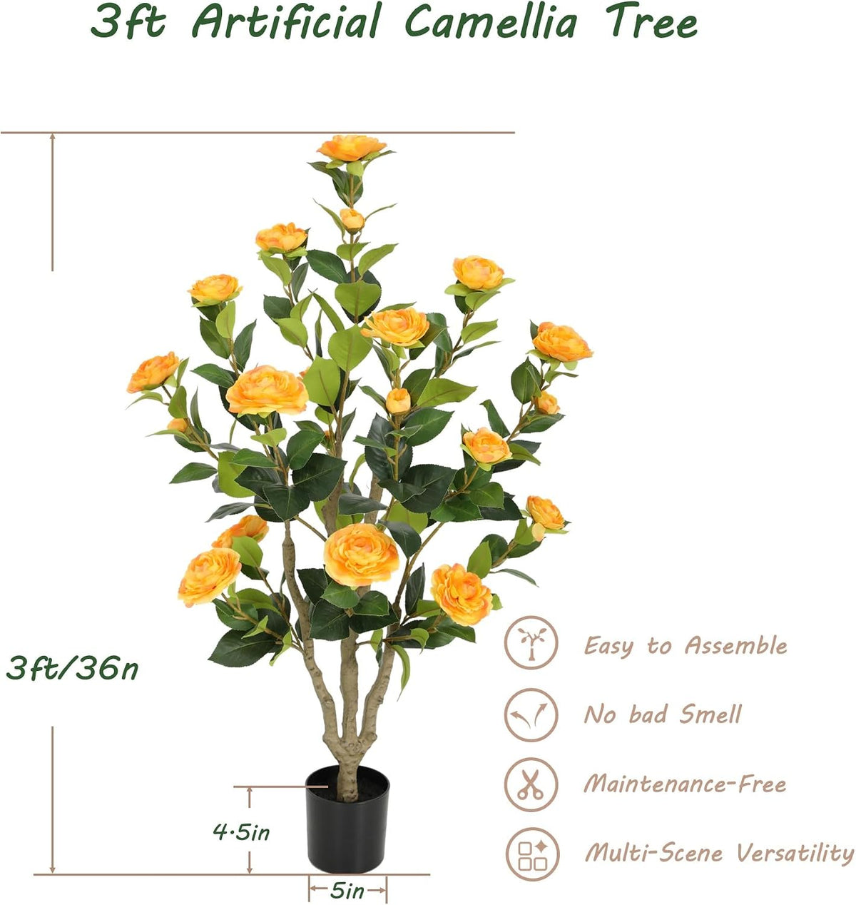 5ft Artificial Camellia Tree with Silk Orange Flowers, 60in Faux Camellia Plant with Lifelike Trunk, Fake Flower Tree Potted Front Door Plants for Porch Patio Deck Living Room Decor, 2Pack