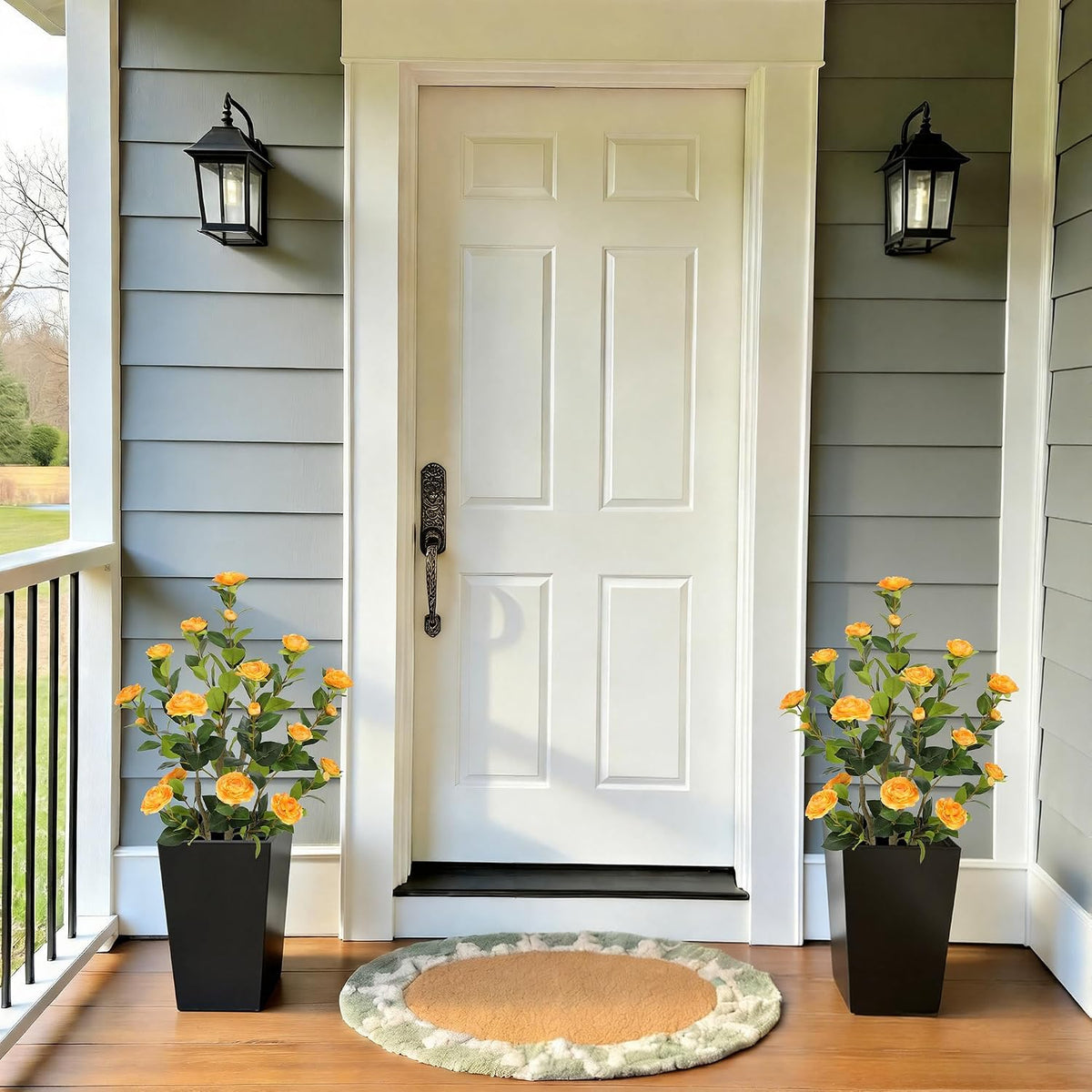 5ft Artificial Camellia Tree with Silk Orange Flowers, 60in Faux Camellia Plant with Lifelike Trunk, Fake Flower Tree Potted Front Door Plants for Porch Patio Deck Living Room Decor, 2Pack