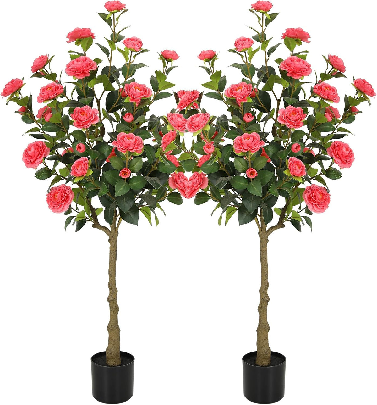 5ft Artificial Camellia Tree with Silk Orange Flowers, 60in Faux Camellia Plant with Lifelike Trunk, Fake Flower Tree Potted Front Door Plants for Porch Patio Deck Living Room Decor, 2Pack
