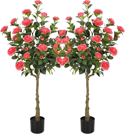 5ft Artificial Camellia Tree with Silk Orange Flowers, 60in Faux Camellia Plant with Lifelike Trunk, Fake Flower Tree Potted Front Door Plants for Porch Patio Deck Living Room Decor, 2Pack
