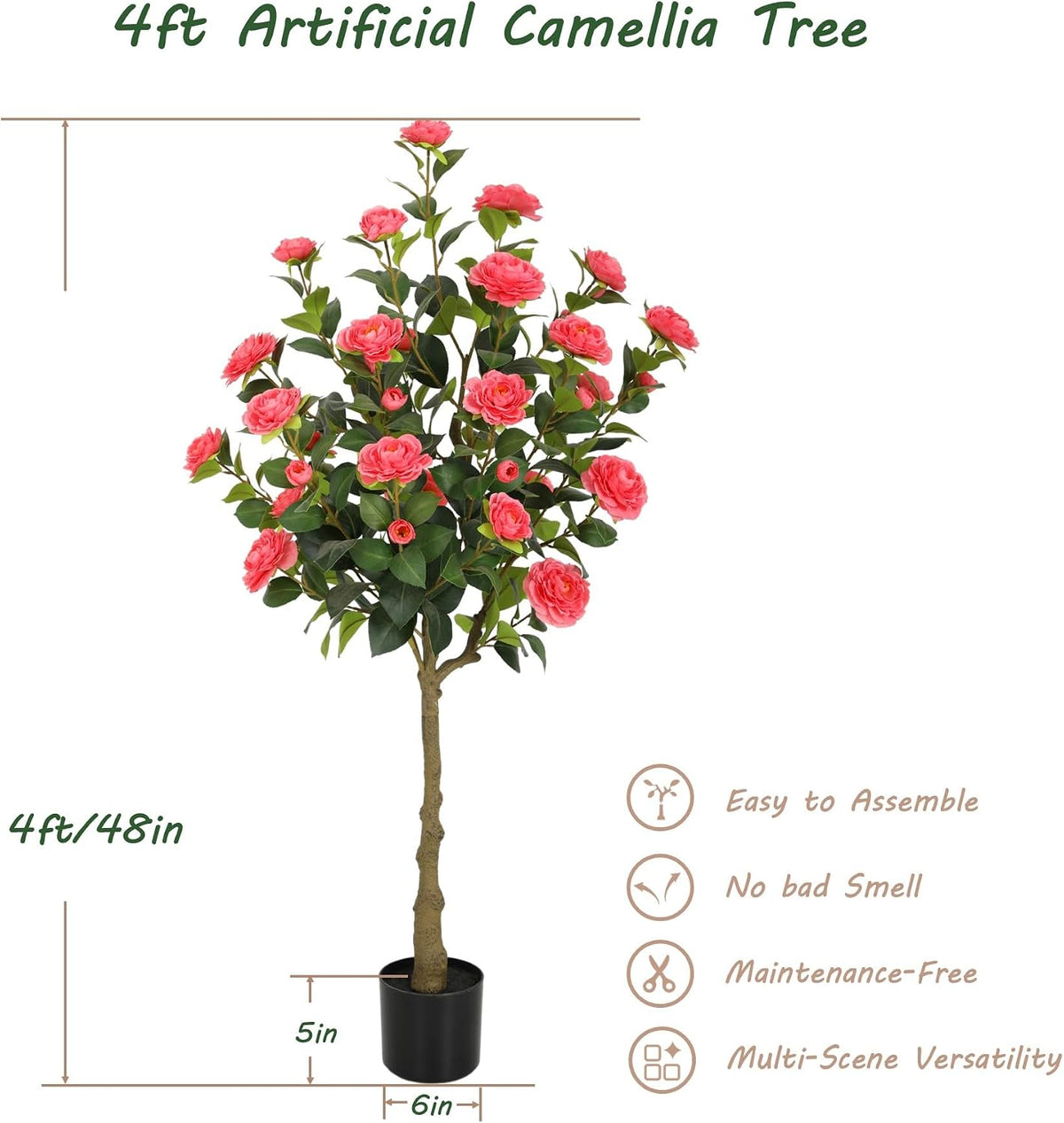 5ft Artificial Camellia Tree with Silk Orange Flowers, 60in Faux Camellia Plant with Lifelike Trunk, Fake Flower Tree Potted Front Door Plants for Porch Patio Deck Living Room Decor, 2Pack
