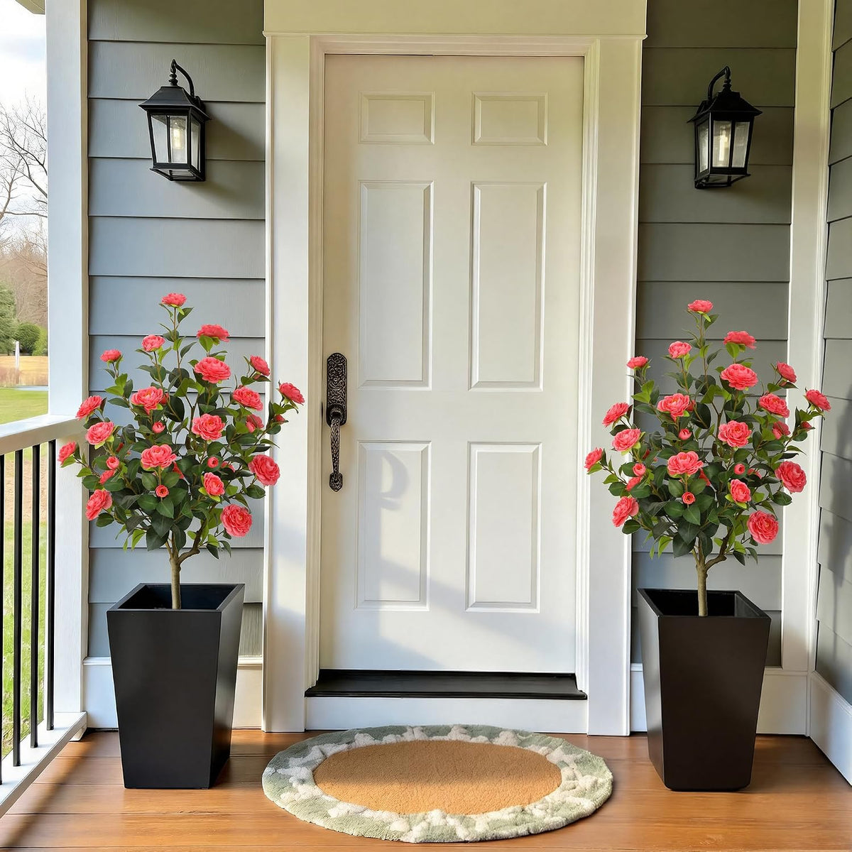 5ft Artificial Camellia Tree with Silk Orange Flowers, 60in Faux Camellia Plant with Lifelike Trunk, Fake Flower Tree Potted Front Door Plants for Porch Patio Deck Living Room Decor, 2Pack