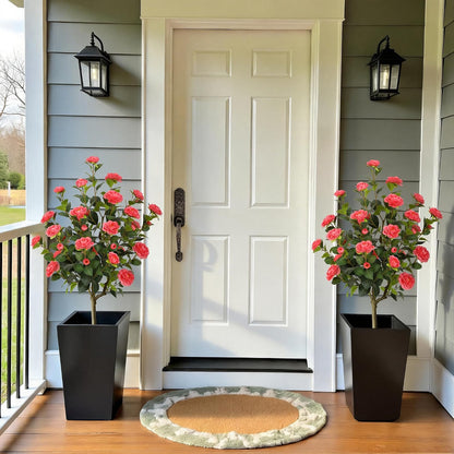 5ft Artificial Camellia Tree with Silk Orange Flowers, 60in Faux Camellia Plant with Lifelike Trunk, Fake Flower Tree Potted Front Door Plants for Porch Patio Deck Living Room Decor, 2Pack