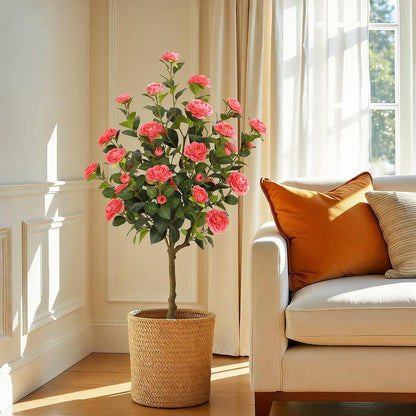 5ft Artificial Camellia Tree with Silk Orange Flowers, 60in Faux Camellia Plant with Lifelike Trunk, Fake Flower Tree Potted Front Door Plants for Porch Patio Deck Living Room Decor, 2Pack