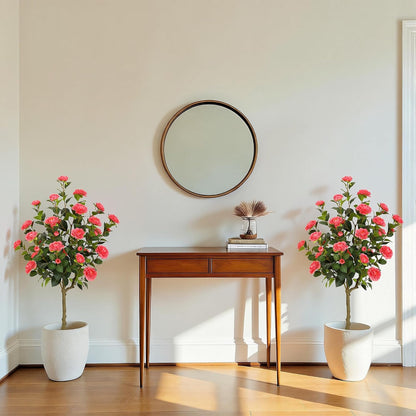 5ft Artificial Camellia Tree with Silk Orange Flowers, 60in Faux Camellia Plant with Lifelike Trunk, Fake Flower Tree Potted Front Door Plants for Porch Patio Deck Living Room Decor, 2Pack