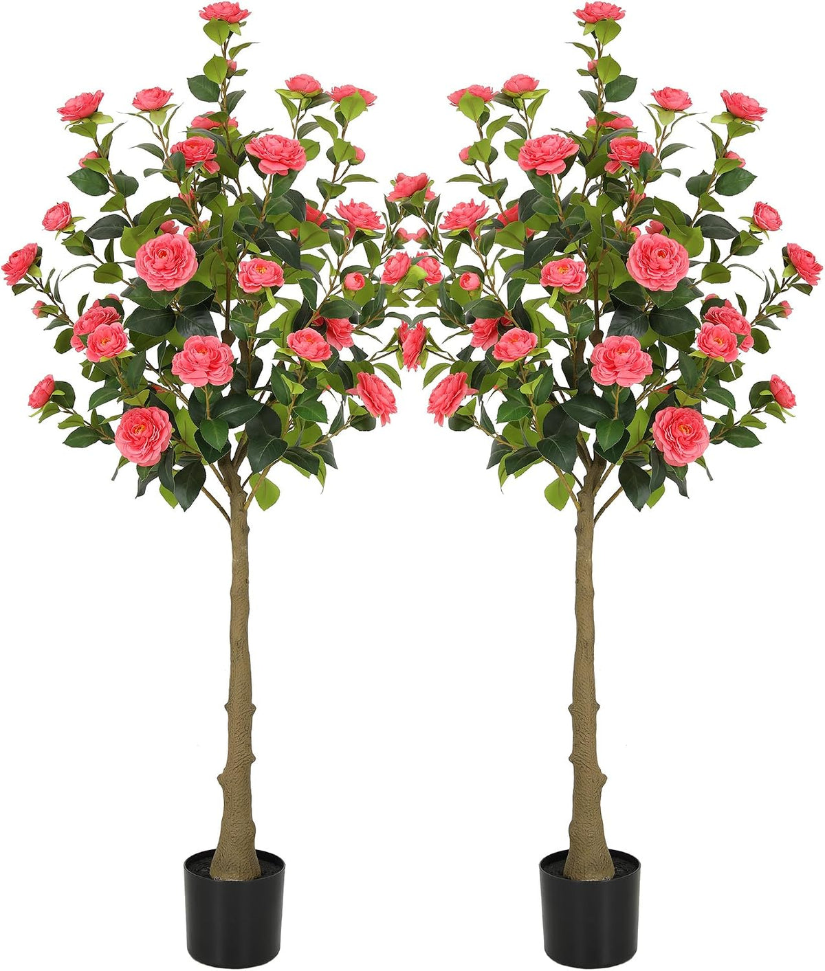 5ft Artificial Camellia Tree with Silk Orange Flowers, 60in Faux Camellia Plant with Lifelike Trunk, Fake Flower Tree Potted Front Door Plants for Porch Patio Deck Living Room Decor, 2Pack