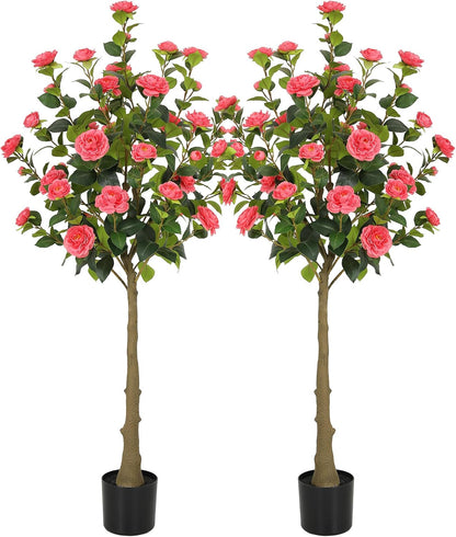 5ft Artificial Camellia Tree with Silk Orange Flowers, 60in Faux Camellia Plant with Lifelike Trunk, Fake Flower Tree Potted Front Door Plants for Porch Patio Deck Living Room Decor, 2Pack