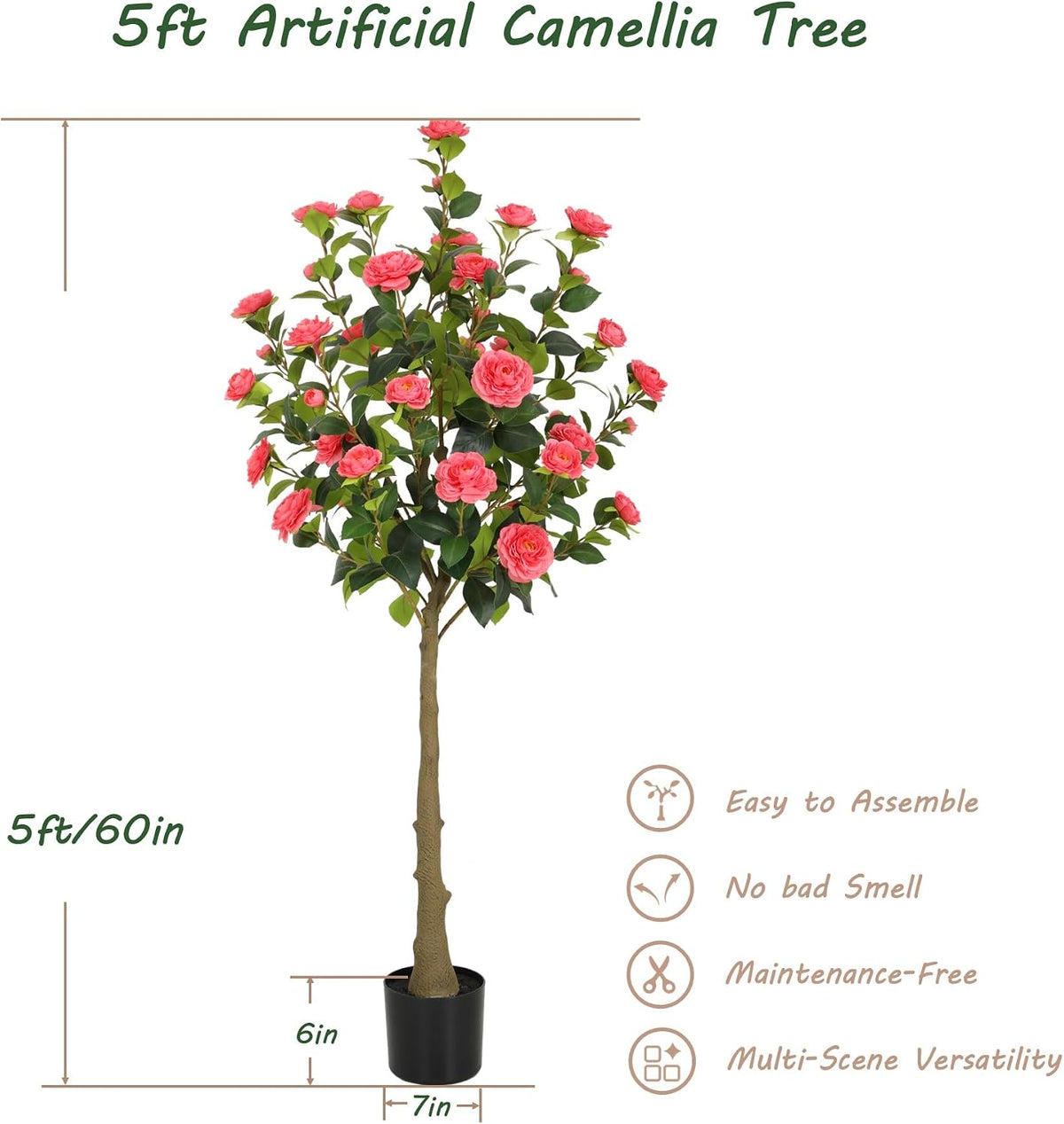 5ft Artificial Camellia Tree with Silk Orange Flowers, 60in Faux Camellia Plant with Lifelike Trunk, Fake Flower Tree Potted Front Door Plants for Porch Patio Deck Living Room Decor, 2Pack
