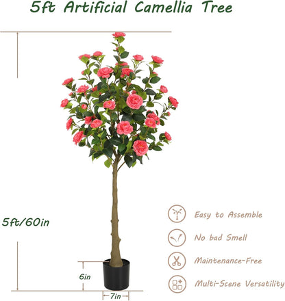 5ft Artificial Camellia Tree with Silk Orange Flowers, 60in Faux Camellia Plant with Lifelike Trunk, Fake Flower Tree Potted Front Door Plants for Porch Patio Deck Living Room Decor, 2Pack