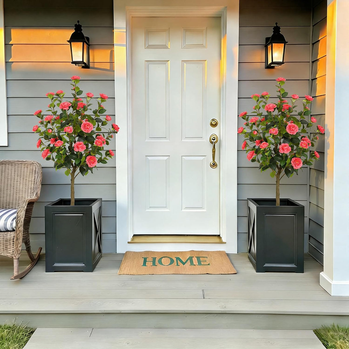 5ft Artificial Camellia Tree with Silk Orange Flowers, 60in Faux Camellia Plant with Lifelike Trunk, Fake Flower Tree Potted Front Door Plants for Porch Patio Deck Living Room Decor, 2Pack