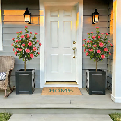 5ft Artificial Camellia Tree with Silk Orange Flowers, 60in Faux Camellia Plant with Lifelike Trunk, Fake Flower Tree Potted Front Door Plants for Porch Patio Deck Living Room Decor, 2Pack