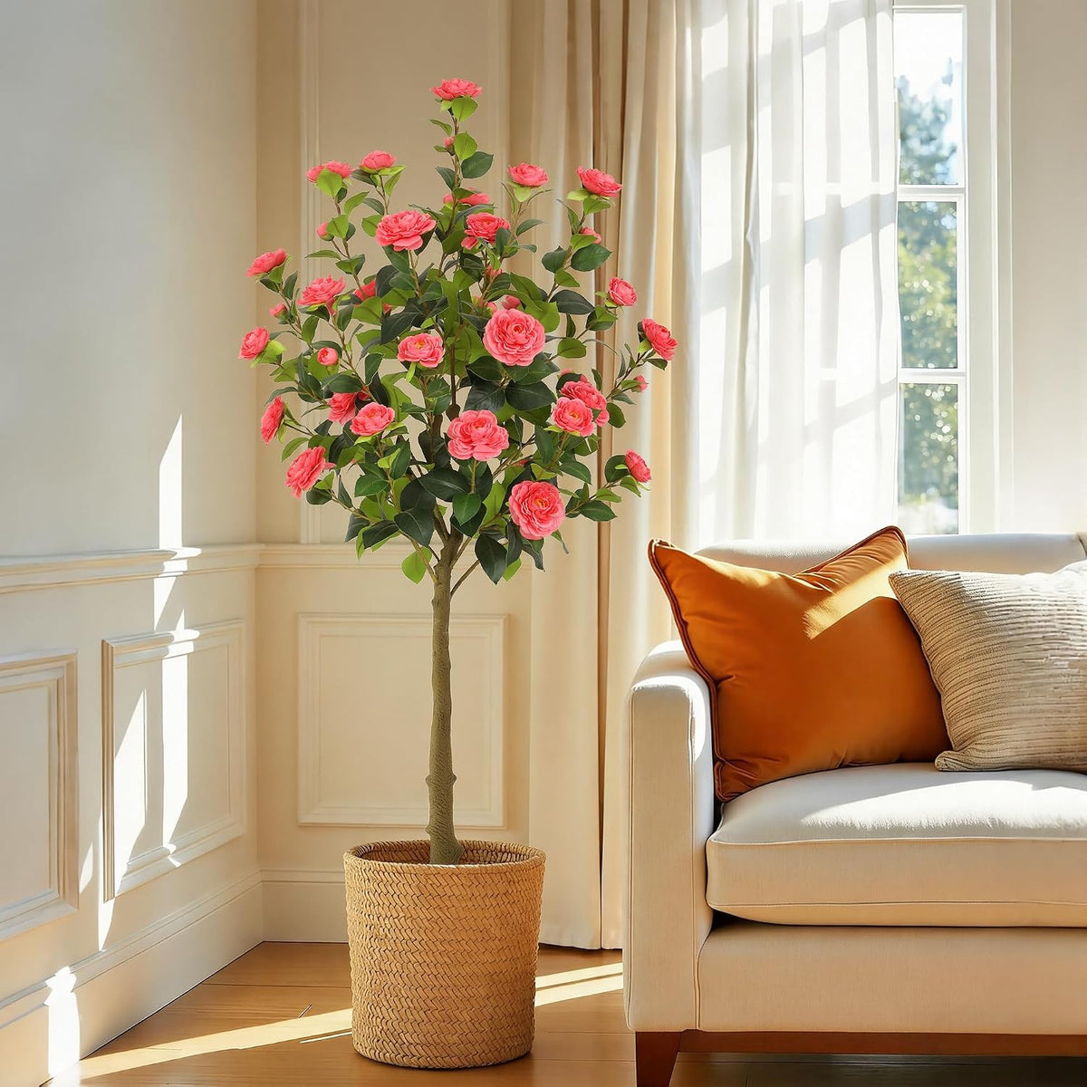 5ft Artificial Camellia Tree with Silk Orange Flowers, 60in Faux Camellia Plant with Lifelike Trunk, Fake Flower Tree Potted Front Door Plants for Porch Patio Deck Living Room Decor, 2Pack