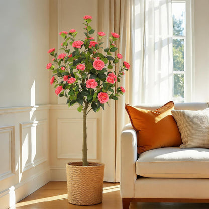 5ft Artificial Camellia Tree with Silk Orange Flowers, 60in Faux Camellia Plant with Lifelike Trunk, Fake Flower Tree Potted Front Door Plants for Porch Patio Deck Living Room Decor, 2Pack