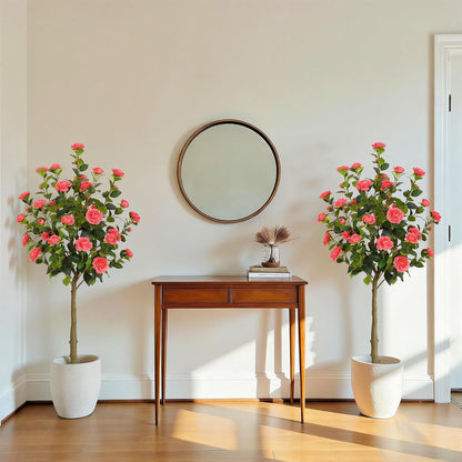 5ft Artificial Camellia Tree with Silk Orange Flowers, 60in Faux Camellia Plant with Lifelike Trunk, Fake Flower Tree Potted Front Door Plants for Porch Patio Deck Living Room Decor, 2Pack